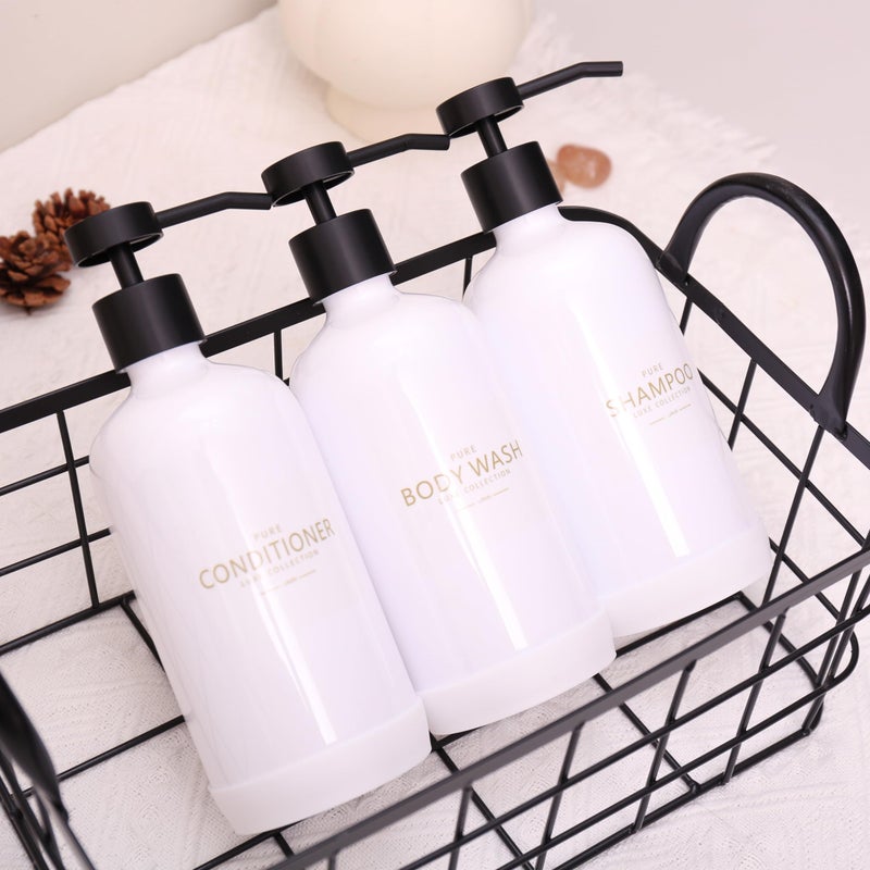 Janxin Shampoo and Conditioner Dispenser Set of 3 Refillable 21oz Shampoo Bottles with Non-Slip Protective Silicone Pad Shower Soap Dispenser with Waterproof Labels for Bathroom (White) - Image 5
